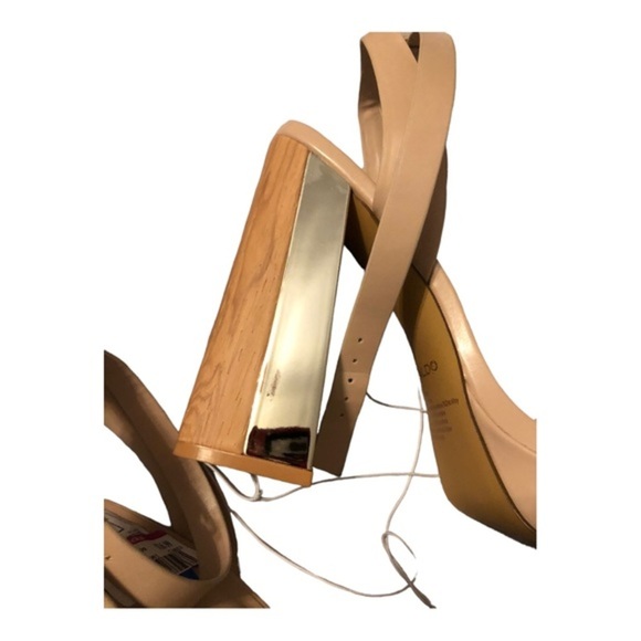 Aldo tan open toe stacked gold mirrored wooden platform heels size 10‎ brand new - Picture 10 of 14